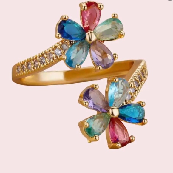 Colored Zircon Double Flower Rings - Picture 5 of 5